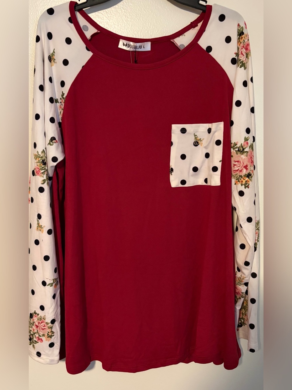DOUBLEJU Long Sleeve Polka Dot Top in Red & White NWT
